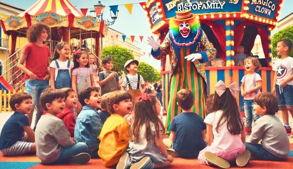 crea foto realistica rettangolare orizzontale di Magico Tano Clown nel parco giochi, mettendo in primo piano i bambini